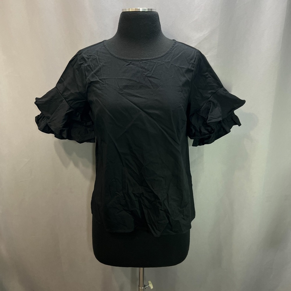 Cece Blouse Top Womens XS Black Stretch Keyhole Back Ruffle Sleeve Curved Hem